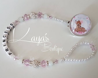 Bling *Deer*- Shamballa Crystal Romany Keepsake Dummy/Pacifier Clip Personalised Pink White Gift Reborn Baby