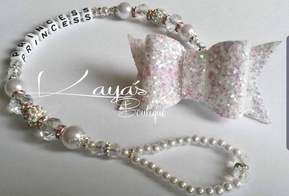 Personalised Crystal Bling Dummy Clip Shamballa with diamante Bow Romany ❤
