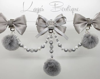 Big Bows Romany Triple Clip Hanging  Pram Charm Shamballa Crystal Pearl New Baby Gift Christening Grey White Unisex Pom Pom Diamante Crown