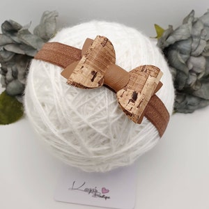 Romany Boutique Small Double Bow *Handmade* Baby Headband/Clip Gift Christening Baby Shower Tan Brown Cork Effect Faux Leather Fall Autumn