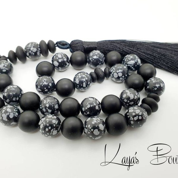 Luxe 33 Perles Tasbeeh Tasbih Noir Mat Onyx Flocon de Neige Obsidienne Prière Islamique Inquiétude Perles Aïd Mariage Cadeau d’anniversaire Fête des Pères Dhikr