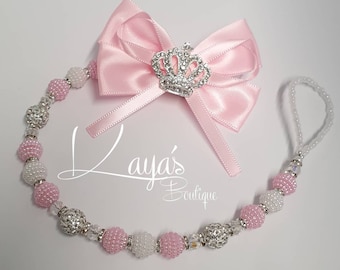 Diamante Crown & Big Bow- Shamballa Beaded Pearl Romany Keepsake Dummy Clip Personalised Pink Silver White Reborn