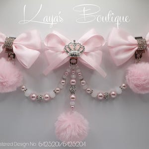 Big Bows Romany Triple Clip Hanging  Pram Charm Shamballa Crystal Pearl New Baby Gift Christening Pink White Fur Pom Pom Diamante Crown