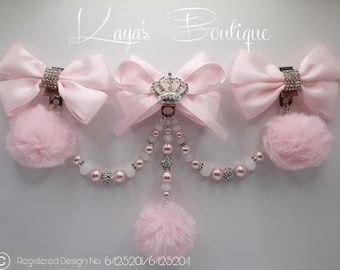 Big Bows Romany Triple Clip Hanging  Pram Charm Shamballa Crystal Pearl New Baby Gift Christening Pink White Fur Pom Pom Diamante Crown