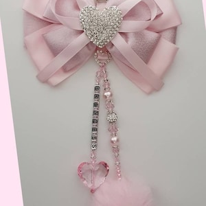 Diamante Heart XL Big Bow Romany Hanging Pram Charm New Baby Gift Christening Pink Silver Girls Personalised Pom Pom Shamballa Crystal Pearl