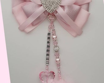 Diamante Heart XL Big Bow Romany Hanging Pram Charm New Baby Gift Christening Pink Silver Girls Personalised Pom Pom Shamballa Crystal Pearl