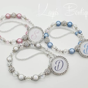REBORN KEEPSAKE*Diamante Button* Personalised Single Initial Bling Shamballa Crystal Romany Dummy/Pacifier Holder Chain Clip Blue White Pink