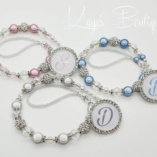Diamante Button* Personalised Single Initial Bling Shamballa Crystal Romany Keepsake Dummy/Pacifier Clip Blue White Pink Reborn Baby