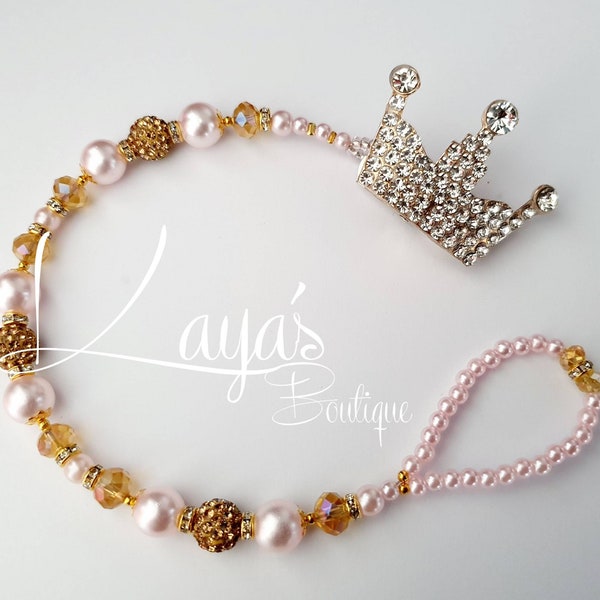 Bling *Diamante Crown*- Shamballa Crystal Romany Keepsake Dummy/Pacifier Clip Personalised Gift Baby Pink Gold Reborn