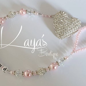 Big Diamante Heart- Shamballa Bling Crystal Romany Keepsake Dummy/Pacifier Clip Personalised Gift Baby Pink Silver Reborn