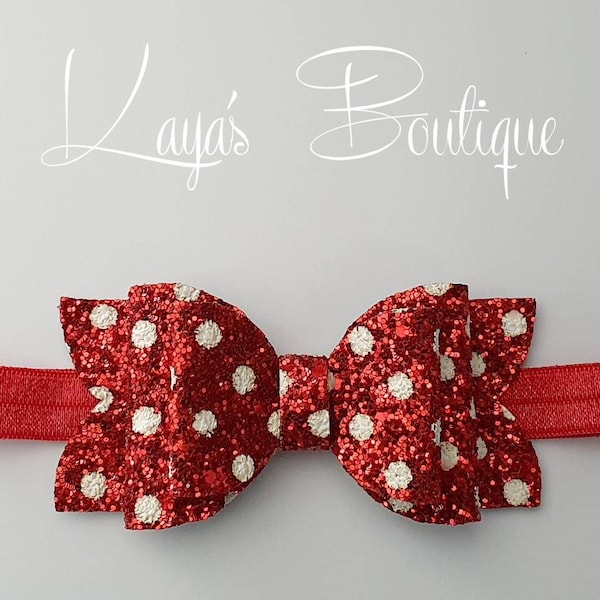 Romany Bling Stacked Boutique Bow * Fait à la main * Baby Headband Gift Baptême Baby Shower Rouge Blanc Polka Dot Spots Glitter