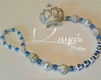 Diamante Crown- Shamballa Crystal Romany Keepsake Dummy/Pacifier Clip Personalised Baby Blue White Silver Reborn