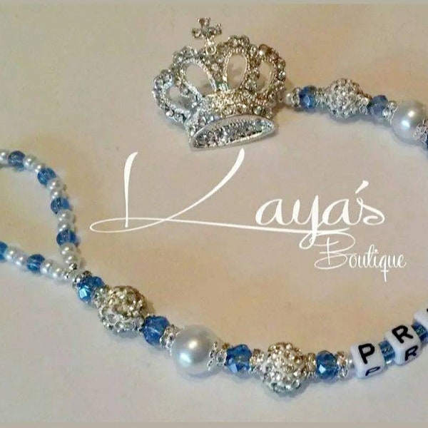 Diamante Crown- Shamballa Crystal Romany Keepsake Dummy/Pacifier Clip Personalised Baby Blue White Silver Reborn