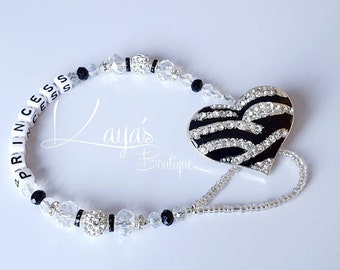 Rhinestone Zebra Heart- Shamballa Crystal Romany Keepsake Dummy/Pacifier Clip Personalised Black Silver Reborn