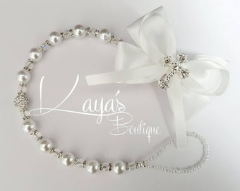 Reborn Schnullerkette: Strass Kreuz, Perlschleife, Erinnerungsgeschenk