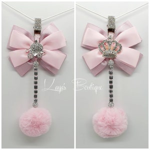 Diamante Crown Or Carriage Big Bow Romany Hanging Pram Charm Cip New Baby Gift Christening Pink Silver Girls Personalised Pom Pom Shamballa