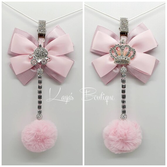 Diamante Crown or Carriage Big Bow Romany Hanging Pram Charm Cip New Baby Gift Christening Pink Silver Girls Personalised Pom Pom Shamballa Etsy