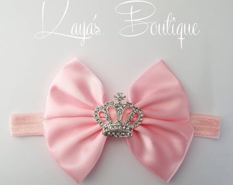 Romany Bling Big Boutique Bow *Handmade* Baby Headband Gift Christening Baby Shower Pink Silver Diamante Crown Princess