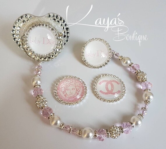 Pink Shamballa Heart Bow Crystal Bling Baby Romany dummy pacifier clip chain