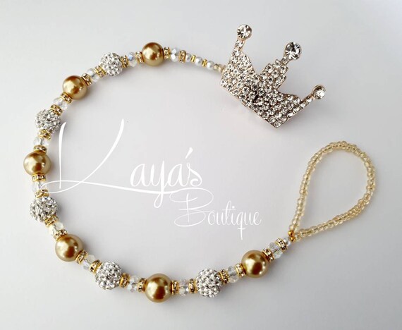 Gold Shamballa White Diamante Lux Personalised Crystal Bling Baby dummy clip 