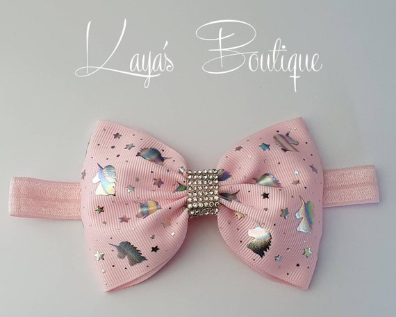 Romany Bling Big Boutique Bow *Handmade* Baby Headband Gift Christening  Baby Shower Pink Silver Unicorns