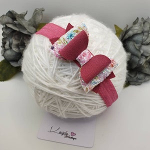 Handmade Raspberry Glitter Bow Headband: Floral Faux Suede Baby Clip