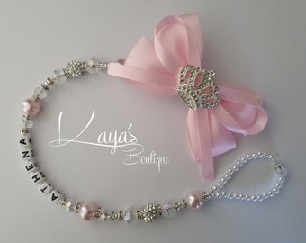 Bling *Rhinestone Crown* Bow- Luxury Romany Pearl Crystal Shamballa Keepsake Dummy/Pacifier Clip Shower Gift Pink White Clear Reborn Baby