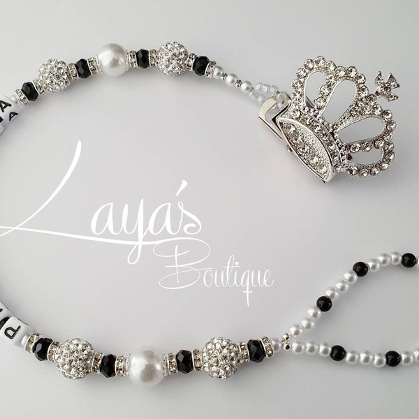 Diamante Crown- Shamballa Crystal Romany Keepsake Dummy/Tetine Clip Personnalisé Noir Blanc Argent Reborn