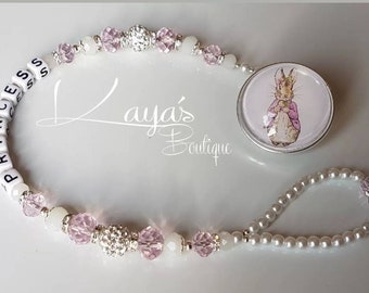 REBORN KEEPSAKE* Pink Rabbit*- Shamballa Crystal Romany Name Tag Chain Dummy Holder Clip Personalised Bunny Pink White