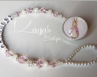 Bling *Rabbit*- Shamballa Crystal Romany Keepsake Dummy/Pacifier Clip Personalised Bunny Pink White Gift Reborn Baby