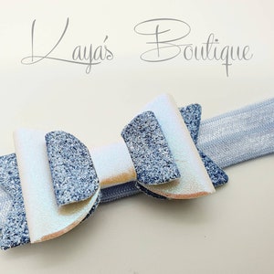 Romany Bling Boutique Stacked Bow *Handmade* Baby Headband Gift Christening Baby Shower Pearlescent Leatherette Glitter Fabric White Blue