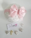 Romany Bling Boutique Handmade Satin Double Bow Baby Headband Gift Christening Baby Shower Sparkle   Baby Pink Diamante Centerpiece