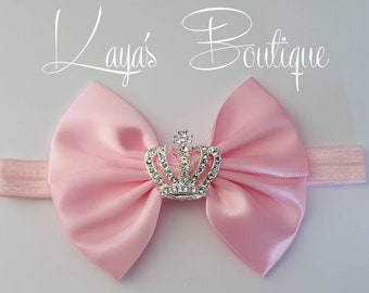 Handgefertigtes Rosa Baby Stirnband: Diamante Krone Schleife, Taufgeschenk