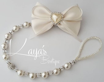 Bling *Rhinestone & Pearl Heart*- Luxury Romany Pearl Crystal Shamballa Keepsake Dummy/Pacifier Clip Christening Ivory/Cream Reborn Baby