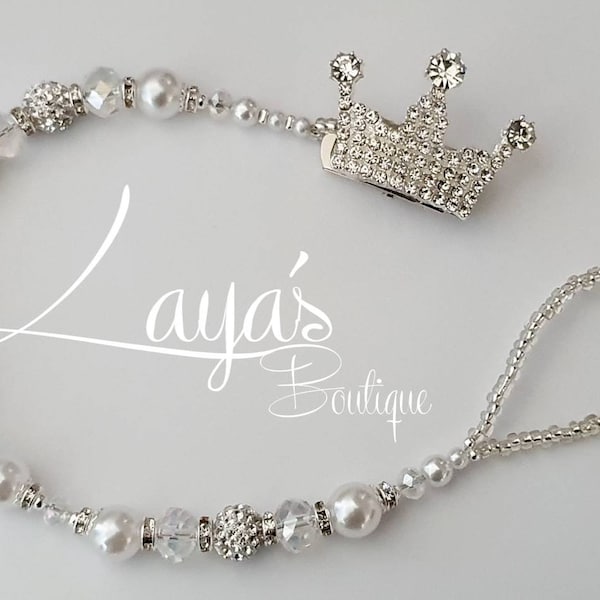 Bling Diamante Crown/Tiara - Shamballa Crystal Bling Romany Keepsake Dummy/Pacifier Clip Personalised Gift Shower White/Silver Reborn Baby