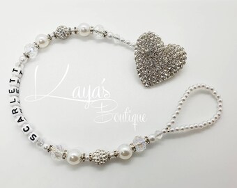 Big Diamante Heart- Shamballa Bling Crystal Romany Keepsake Dummy/Pacifier Clip Personalised Gift White Silver Reborn Baby