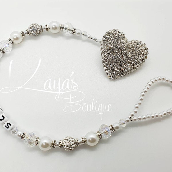 Big Diamante Heart- Shamballa Bling Crystal Romany Keepsake Dummy/Tece Clip Cadeau personnalisé Blanc Argent Reborn Baby