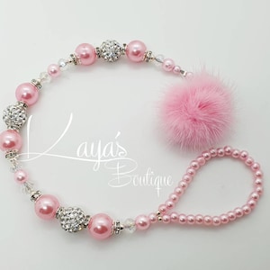 REBORN KEEPSAKE* Bling *Fur Pom Pom*- Luxury Romany Pearl Crystal Shamballa Dummy/Pacifier Holder Chain Clip Baby Pink & White Personalised