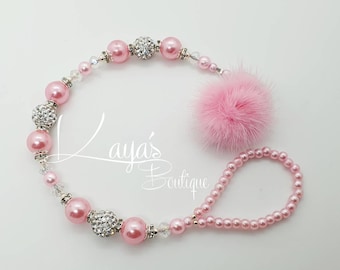 Bling *Fur Pom Pom*- Luxury Romany Pearl Crystal Shamballa Keepsake Dummy/Pacifier Clip Christening Baby Pink & White Reborn Baby