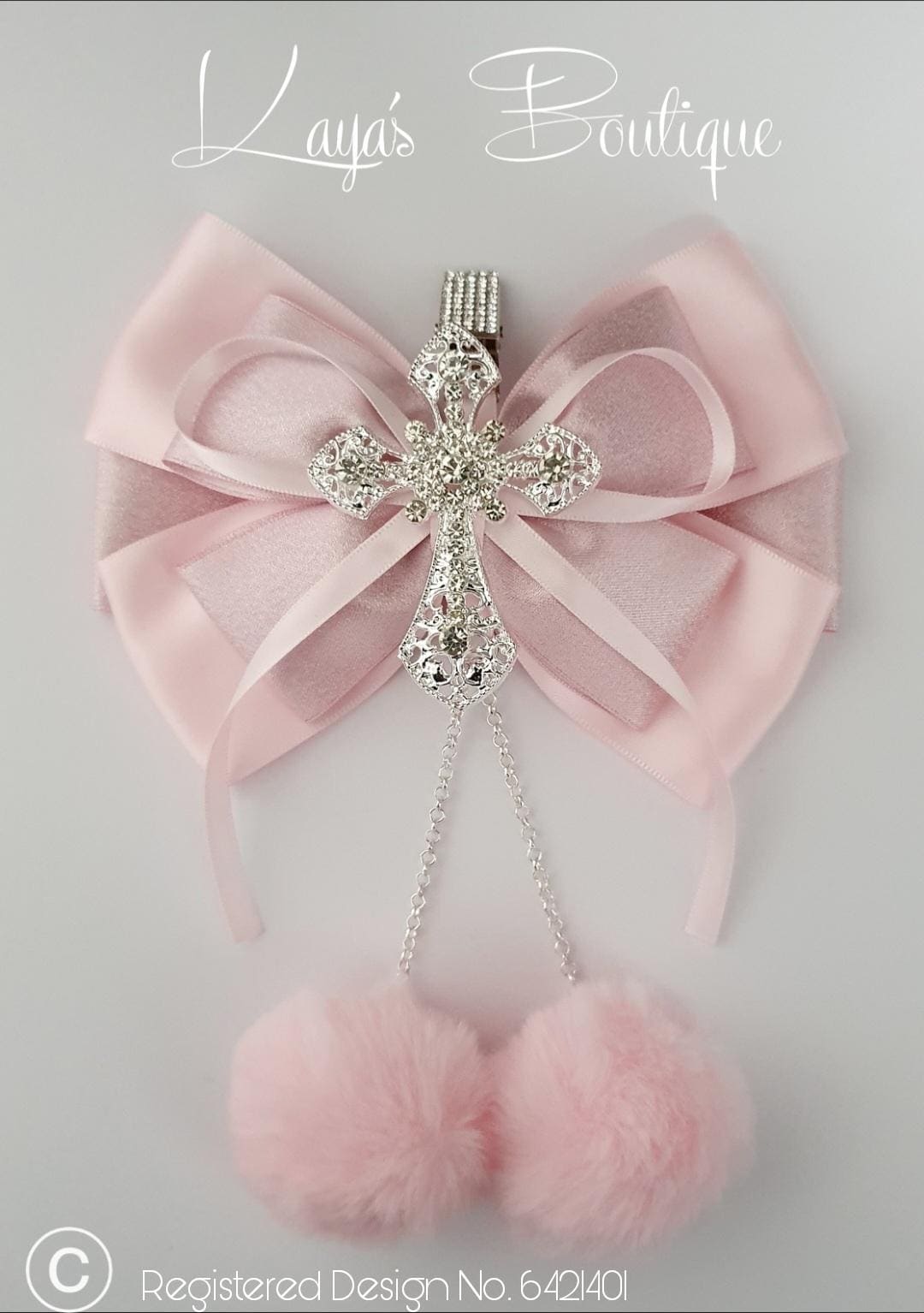 Diamanté Crown/Cross XL Big Bow Romany Hanging Pram/Bag Charm New Baby Shower Gift Christening Pink Silver Girls Pom Pom Fur Ball