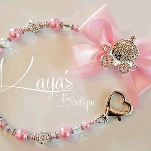 Diamante Carriage* Big Bow & Heart Clasp Shamballa Crystal Romany Keepsake Dummy/Pacifier Clip Personalised Reborn Baby Pink Silver