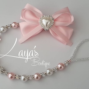 REBORN KEEPSAKE* Cuore di perle* Fiocco- Lusso Romany Perle Cristallo Shamballa Catena di perline Etichetta con nome Porta ciuccio Clip Rosa Bianco
