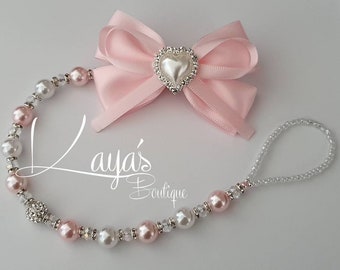 Bling *Rhinestone & Pearl Heart*- Luxus Romany Perle Kristall Shamballa Andenken Schnullerkette Baby Rosa Weiß Reborn Andenken