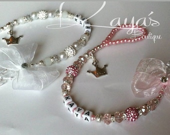 REBORN KEEPSAKE *Princess* Shamballa Crystal Romany Keepsake Dummy/Pacifier Holder Chain  Clip Personalised Name In Baby Pink Or White
