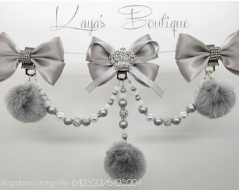 Big Bows Romany Triple Clip Hanging  Pram Charm Shamballa Crystal Pearl New Baby Gift Christening Grey White Unisex Pom Pom Diamante Crown