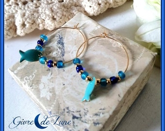 Boucles d'oreilles anneaux/créoles, acier doré, idée cadeau, boucles d'oreilles poisson, bijoux été, bleu turquoise