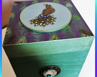 Square wooden box decorated with “Peacock” theme, gift idea, jewelry box, decoration box, jewelry box