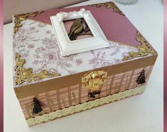 Wooden box decorated "bird" theme, jewelry box, jewelry box, gift idea, decorated box, shabby chic box