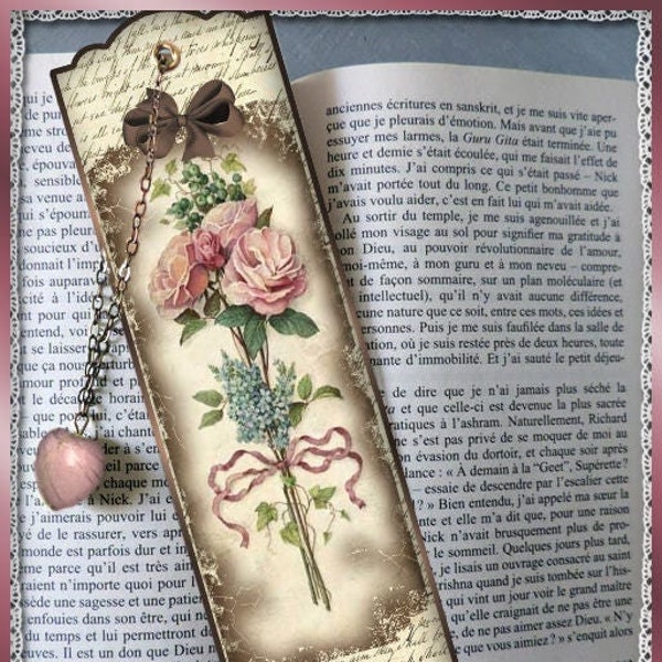 Marque-pages bijoux, marque-pages plastifié, marque-pages "Sweet flowers", accessoires livres, petit cadeau, cadeau pas cher