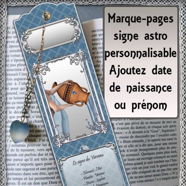 Marque-pages plastifié signe astrologique verseau, cadeau personnalisable, petit cadeau, cadeau pas cher, accessoires livres, idée cadeau